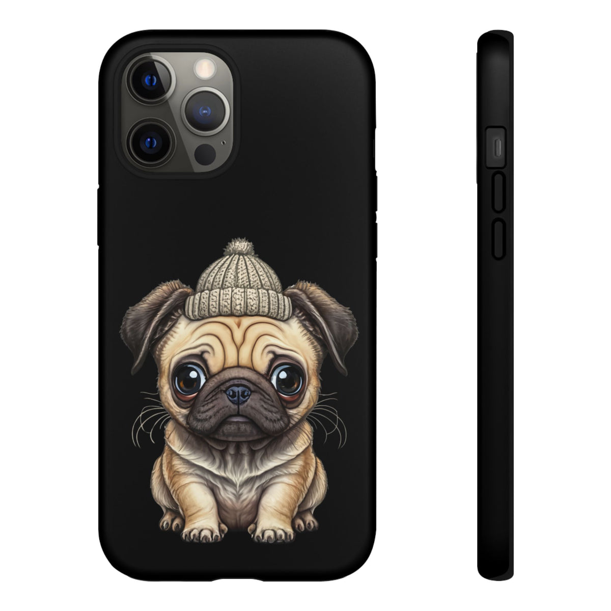 Pug Phone Case – Cute Pug Puppy Illustration on Black Tough Case