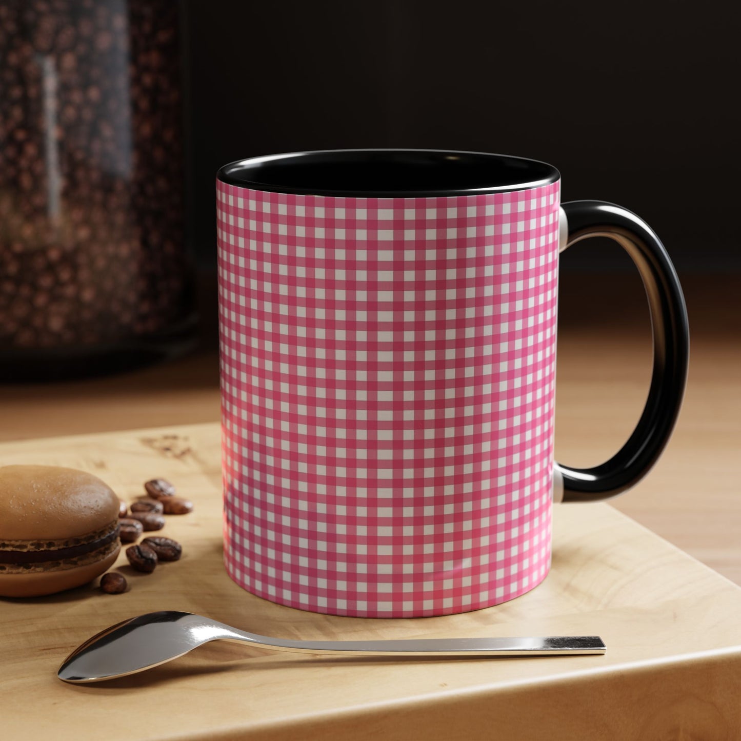 Pink Gingham Accent Coffee Mug, Cute Kitchen Decor, Gift for Coffee Lovers, Home Office Mug, Spring and Summer Vibes