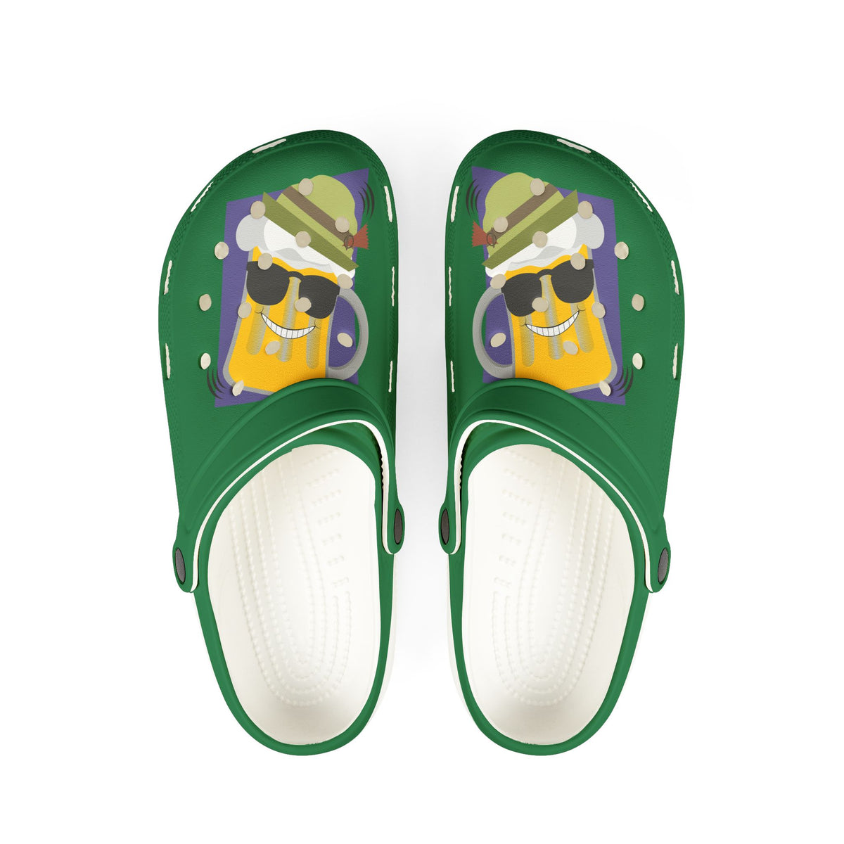 Green Foam Clogs with Cool Sunglasses Mug Graphic — Fun Casual Slip-On Shoes