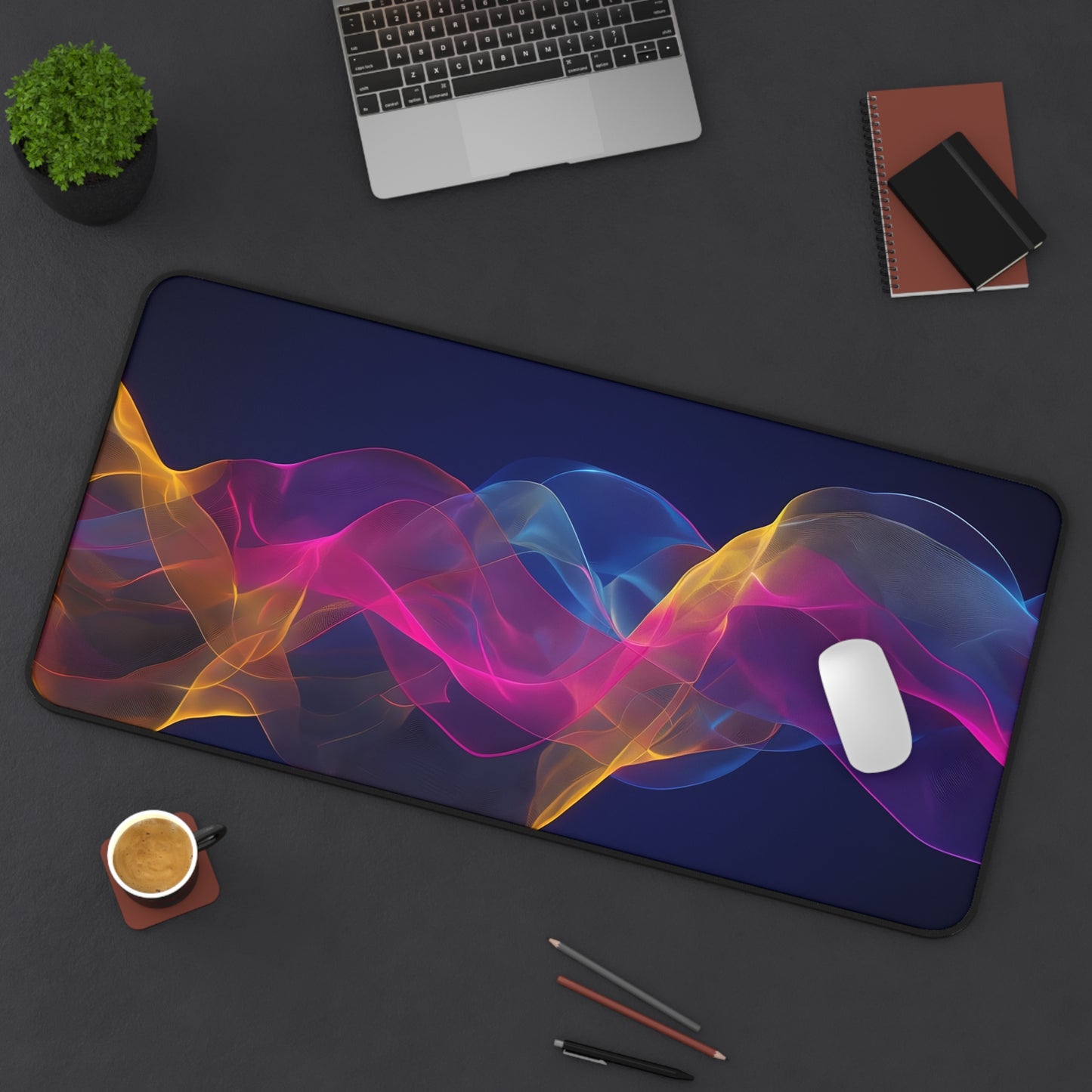 Abstract Neon Wave Desk Mat — Colorful Smoke Mouse Pad for Office & Gaming