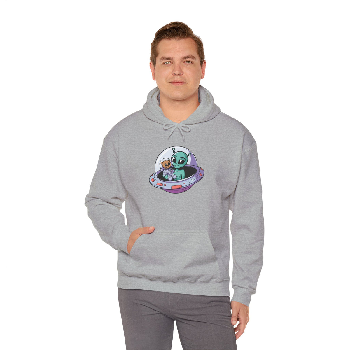 Cute Alien and Kid Hoodie, Unisex Heavy Blend Sweatshirt, UFO Lover Gift, Halloween Costume, Space-Themed Outfit, Birthday Present