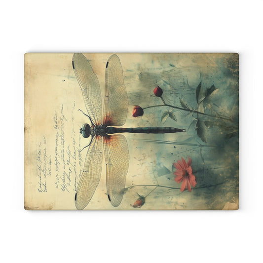Vintage Floral Dragonfly Glass Cutting Board, Kitchen Decor, Gift for Chefs, Housewarming, Mother’s Day, Unique Kitchen Gift