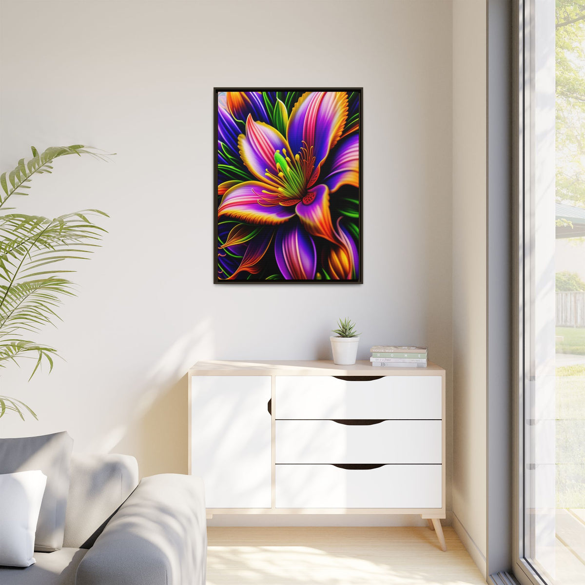 Vibrant Neon Floral Matte Canvas Print — Framed Wall Art