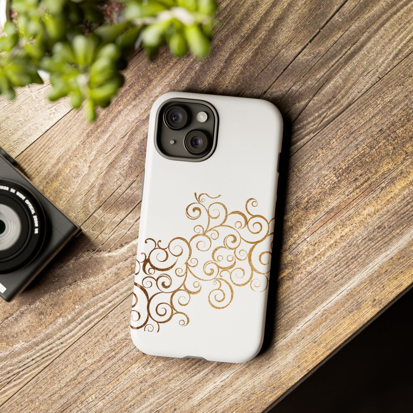 Elegant Floral Phone Case, Tough Cases, Gold Swirls, Stylish Protection, Trendy Gift, Chic Accessory