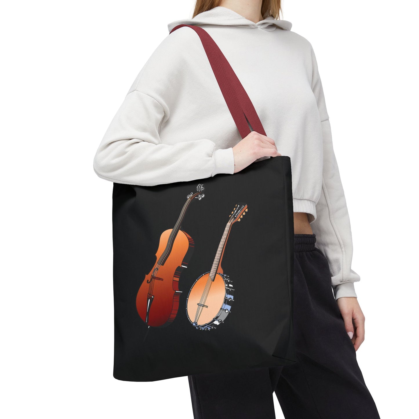 Musical Instruments Tote Bag, Music Lover Gift, Banjo and Cello Design, Stylish Grocery Tote, Concert Bag, Eco-Friendly Carryall