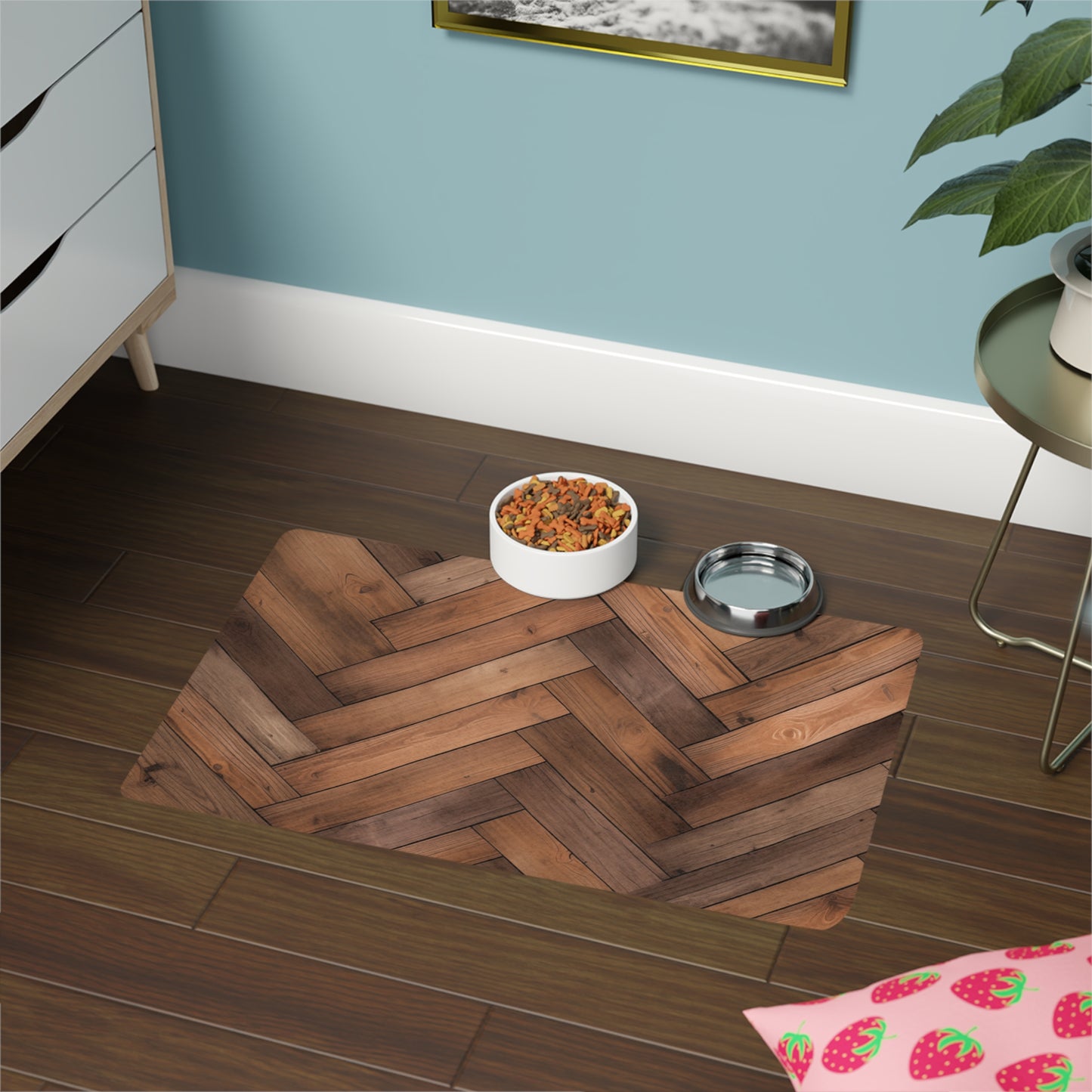Wood Herringbone Pet Food Mat (12x18) — Non-Slip Feeding Placemat