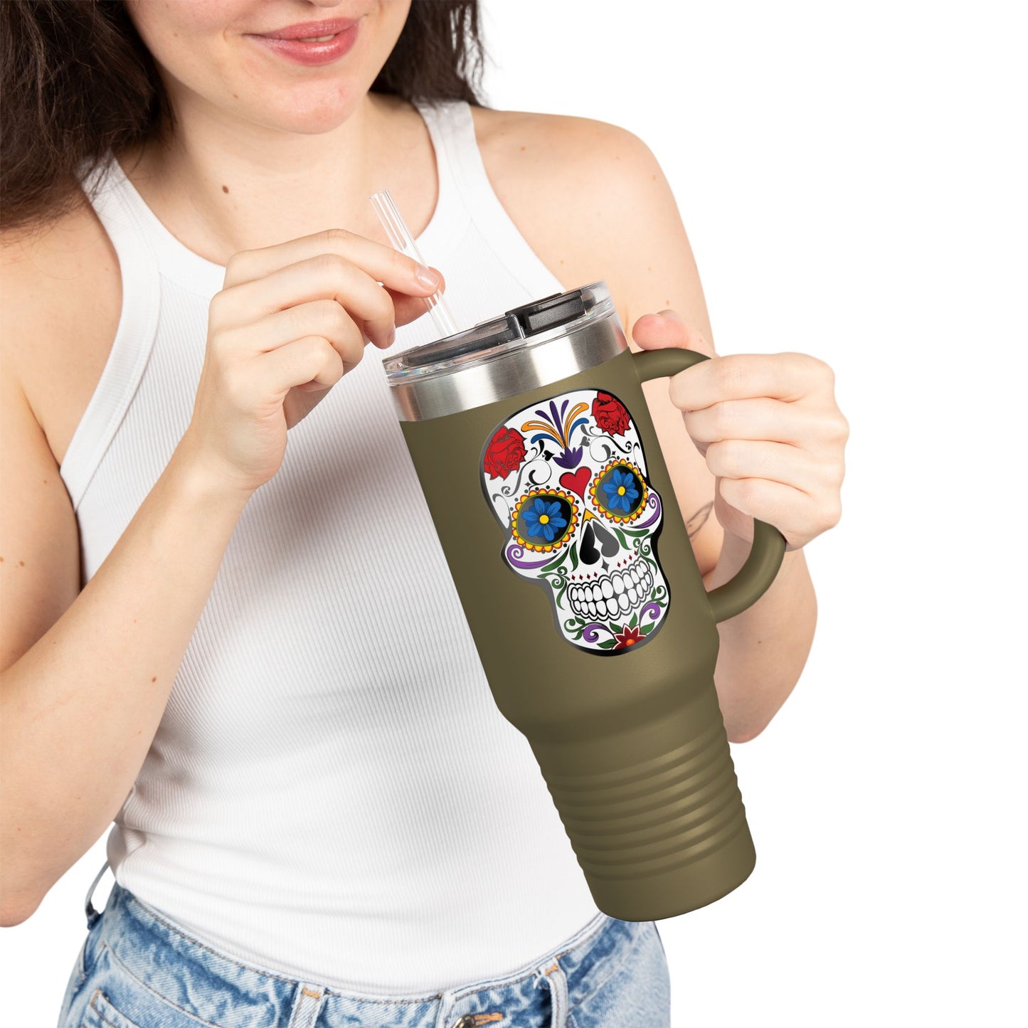 Colorful Sugar Skull Insulated Travel Mug, 40oz, Perfect for Road Trips, Gifts