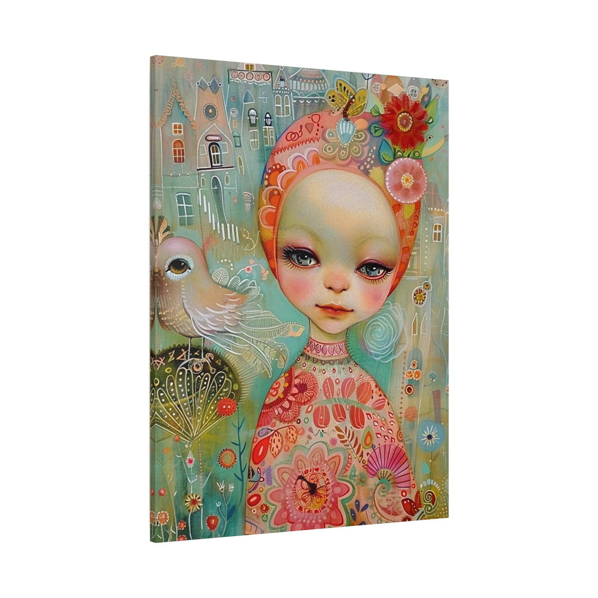Whimsical Girl & Bird Matte Canvas Wall Art — Stretched Decorative Painting