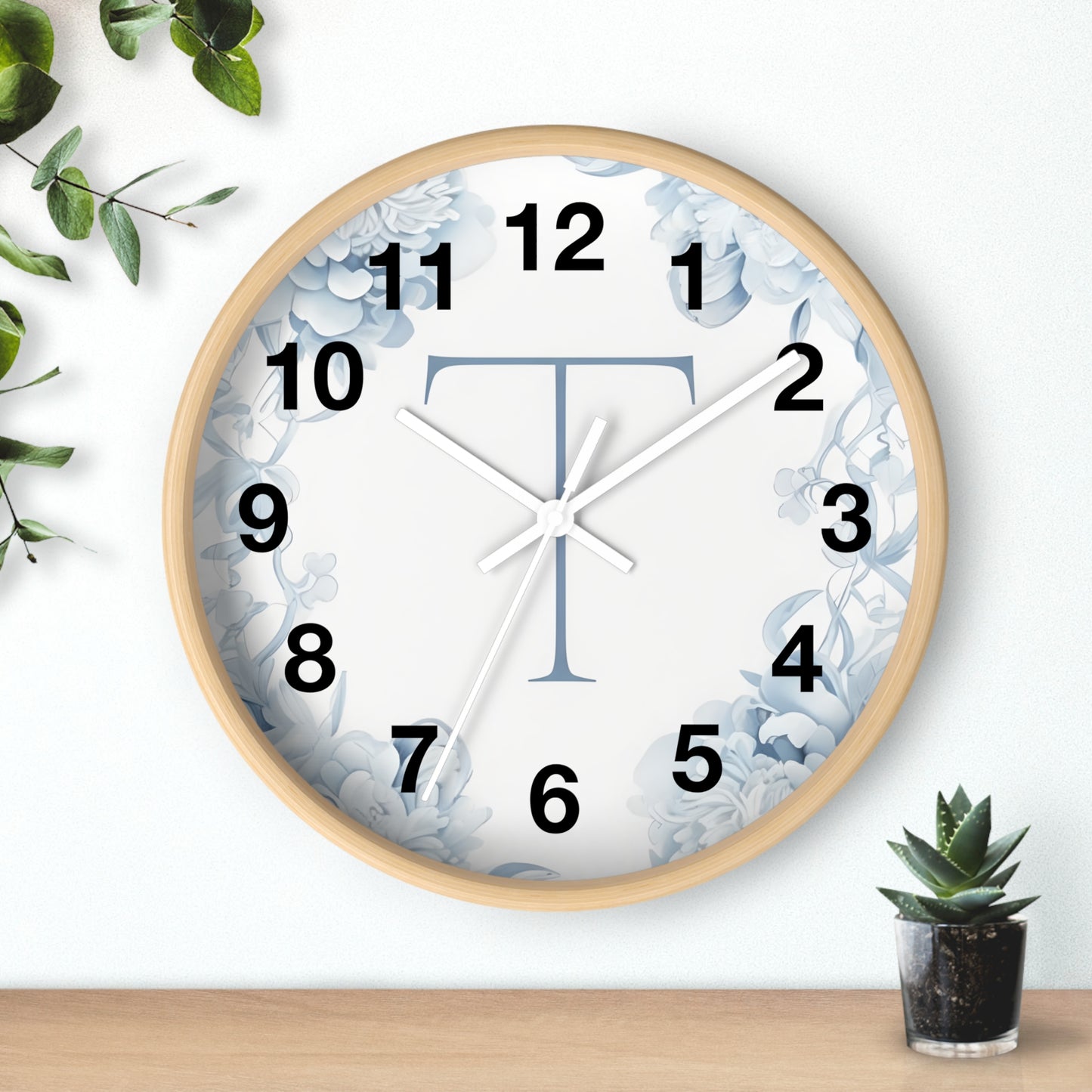 Monogram T Floral Wall Clock — Elegant Blue Initial T Home Decor