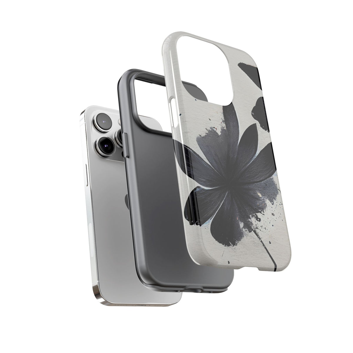 Monochrome Floral Tough Phone Case — Black Ink Flower Protective Cover