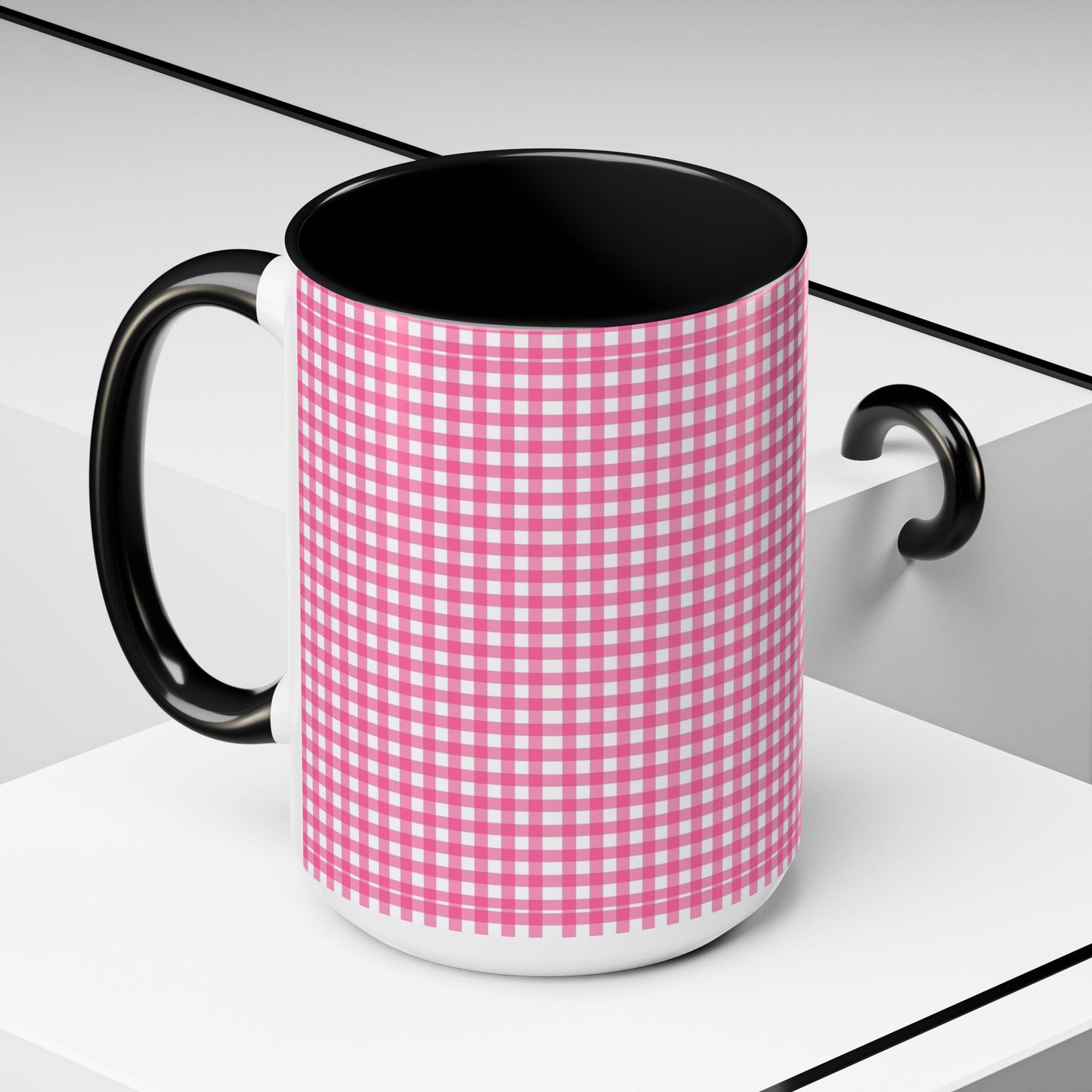 Pink Gingham Accent Coffee Mug, Cute Kitchen Decor, Gift for Coffee Lovers, Home Office Mug, Spring and Summer Vibes
