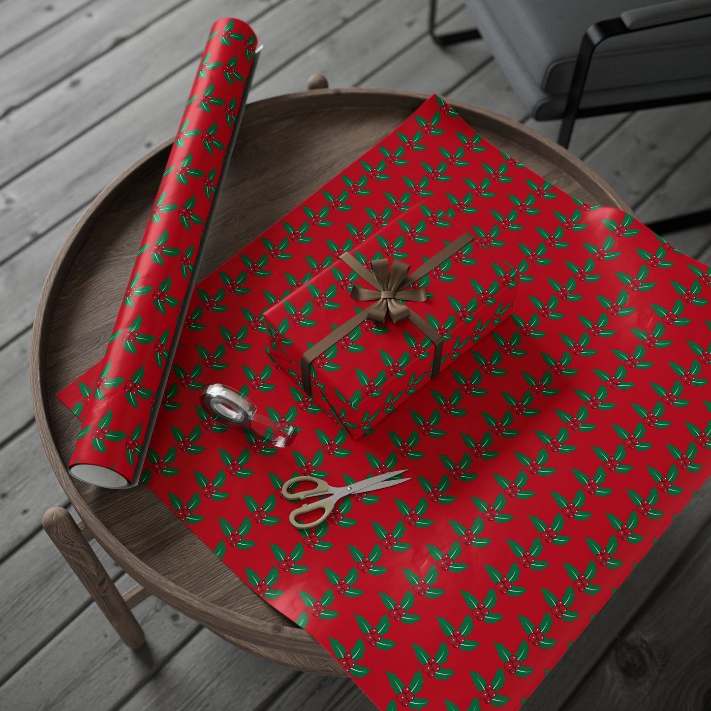 Festive Wrapping Paper Roll | Holiday Gift Wrap | Christmas Gift Wrap | Red Holly Design | Eco-Friendly Gift Wrap