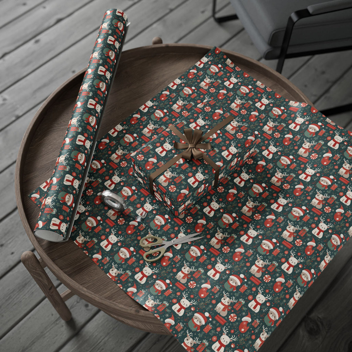 Christmas Wrapping Paper Roll — Cute Santa & Reindeer Pattern, Holiday Gift Wrap