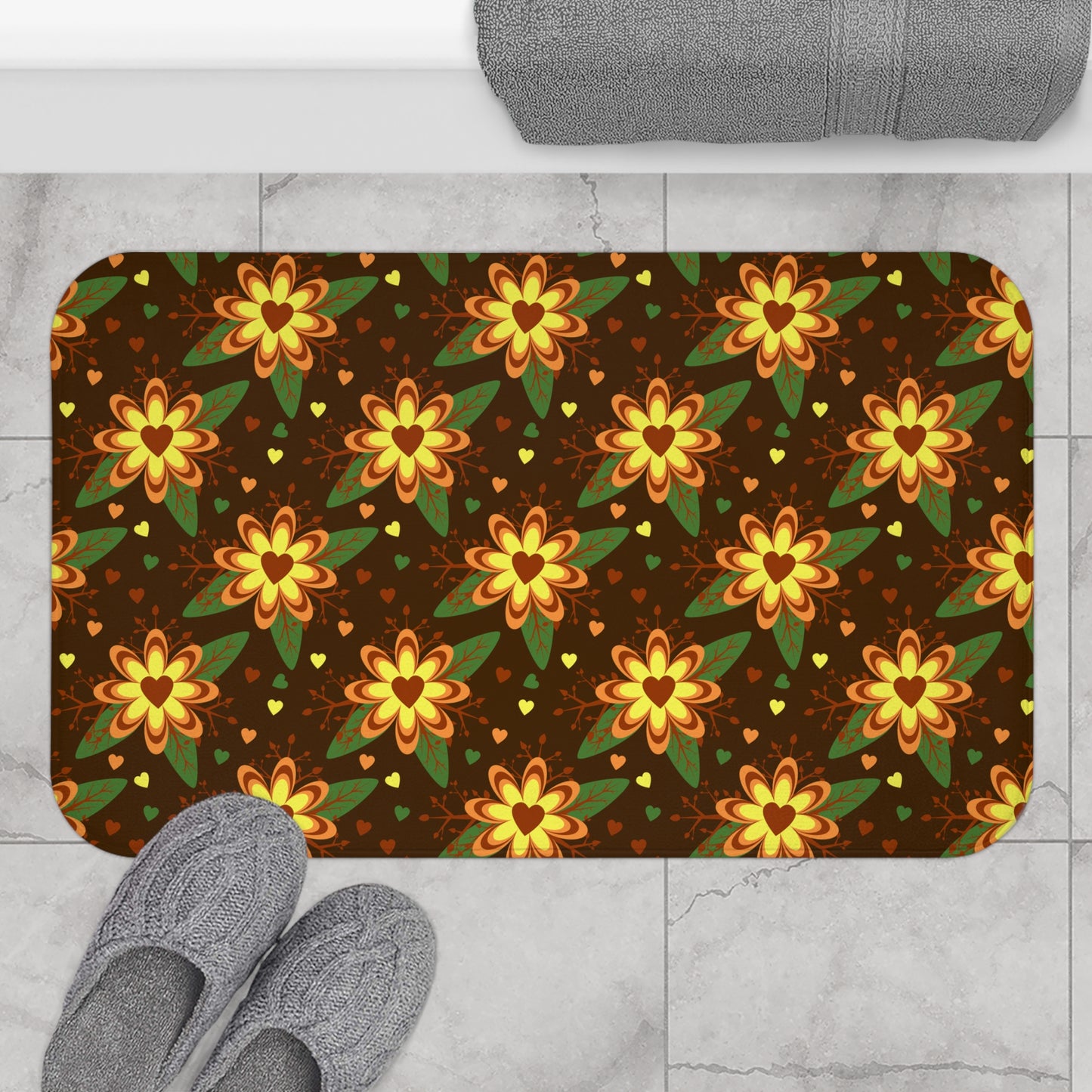 Floral Hearts Bath Mat, Boho Bathroom Decor, Cozy Bath Rug, Flower Pattern Mat, Gift for Home