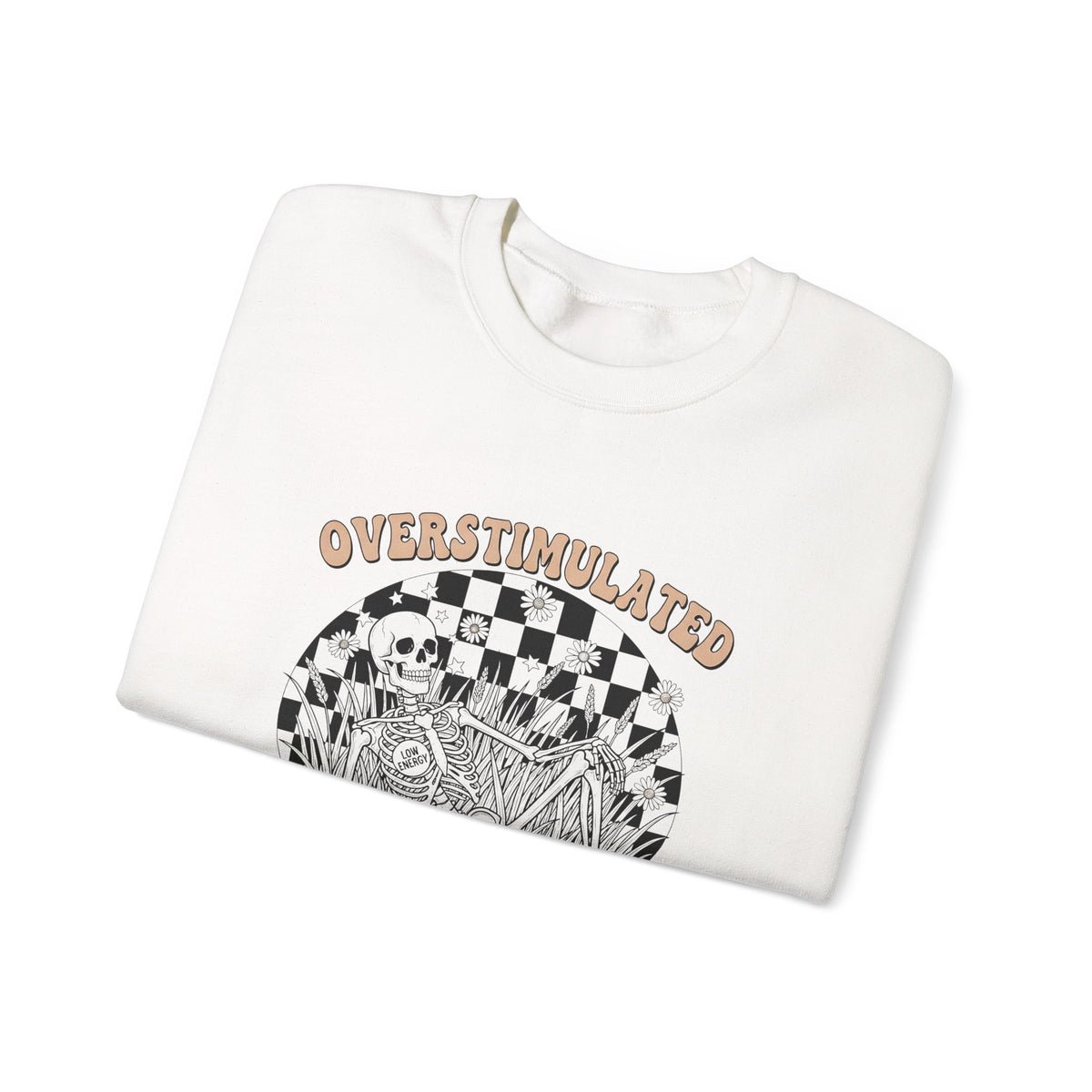 Sweatshirt — "Overstimulated and Still Cute" Skull Checkerboard Graphic Crewneck