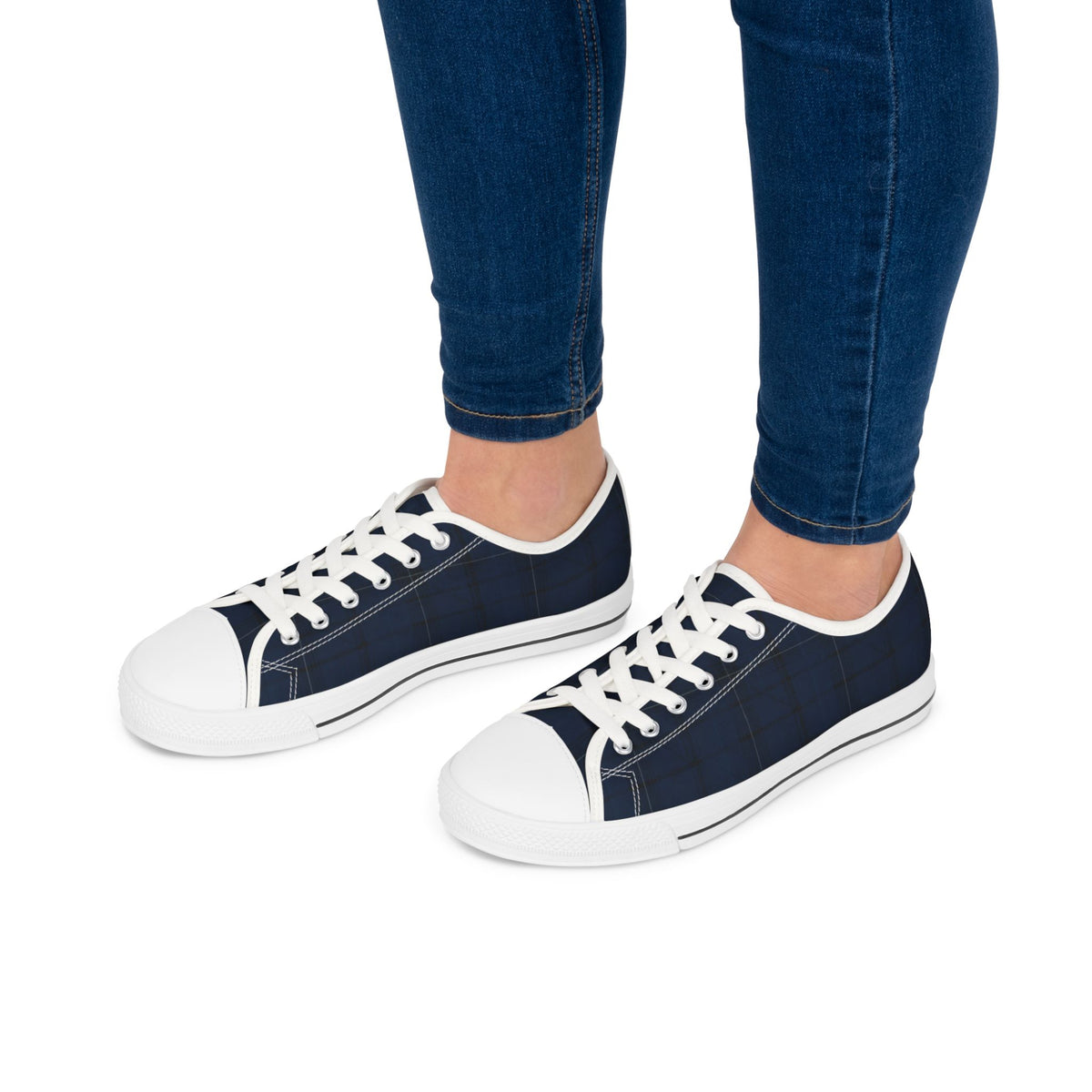 Navy Plaid Low Top Sneakers — Casual Classic Canvas Shoes