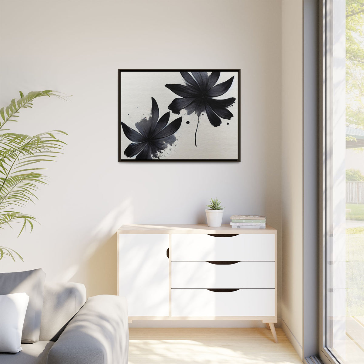 Framed Black Floral Matte Canvas Wall Art — Monochrome Botanical Print