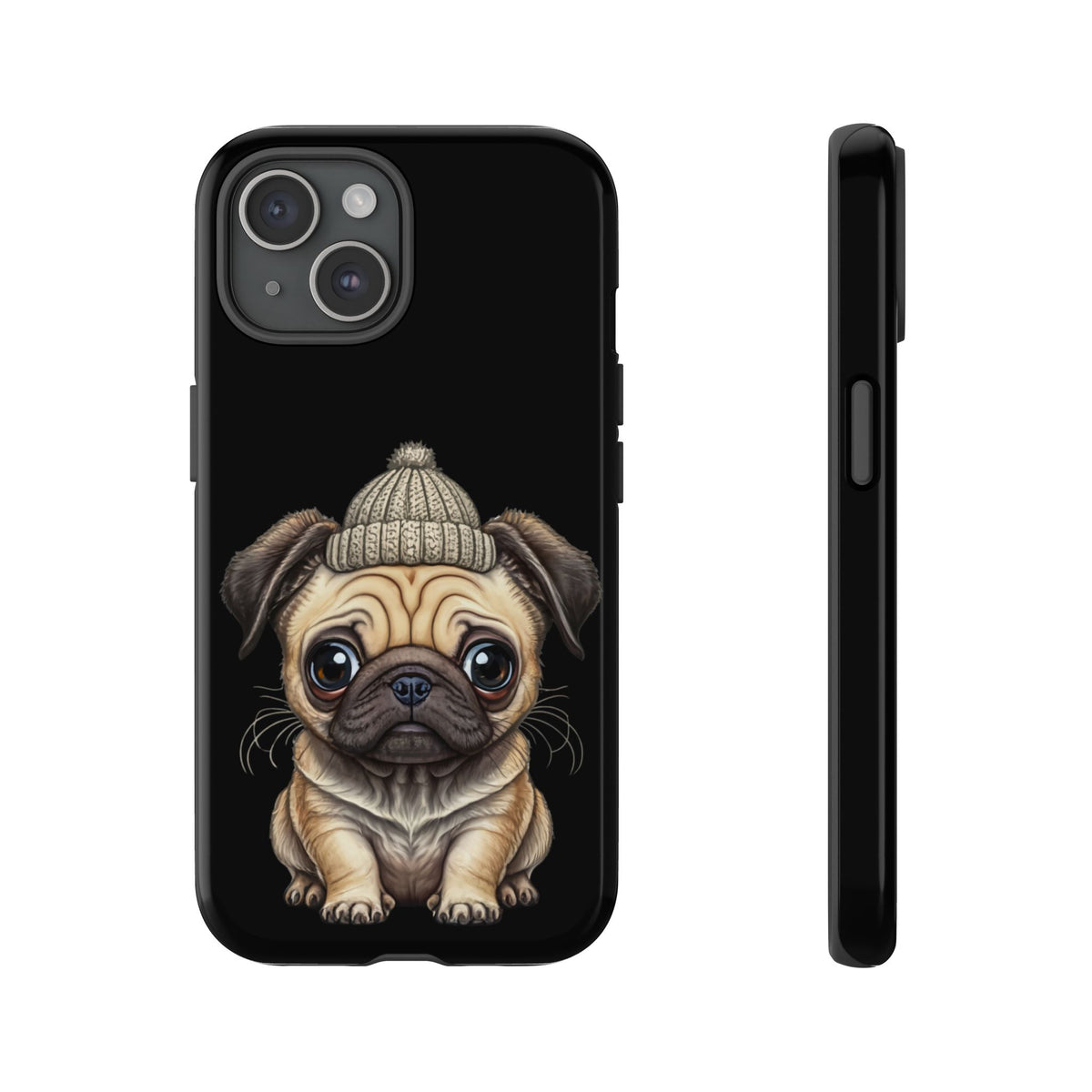 Pug Phone Case – Cute Pug Puppy Illustration on Black Tough Case