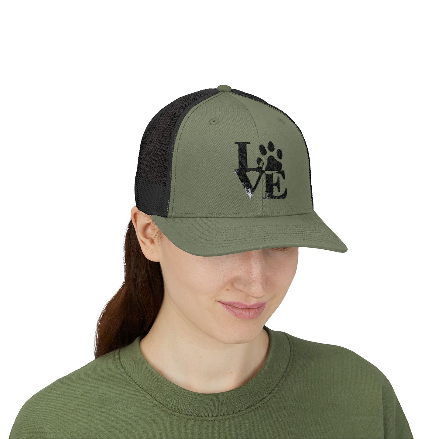 Love Paw Print Trucker Cap for Animal Lovers, Adjustable Snapback Hat for Pet Owners, Gifts for Dog Moms, Cat Dads, Pet Adoption Events