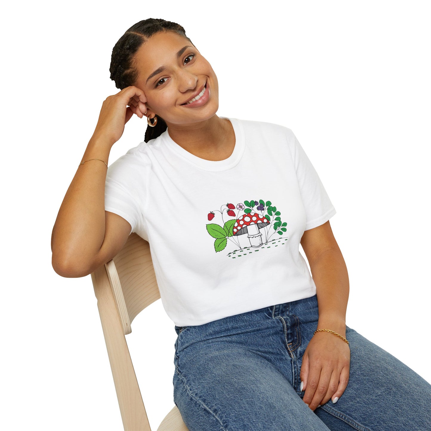 Whimsical Mushroom T-Shirt for Nature Lovers, Casual Tees, Gift for Gardeners, Unisex Softstyle Shirt, Eco-Friendly Apparel