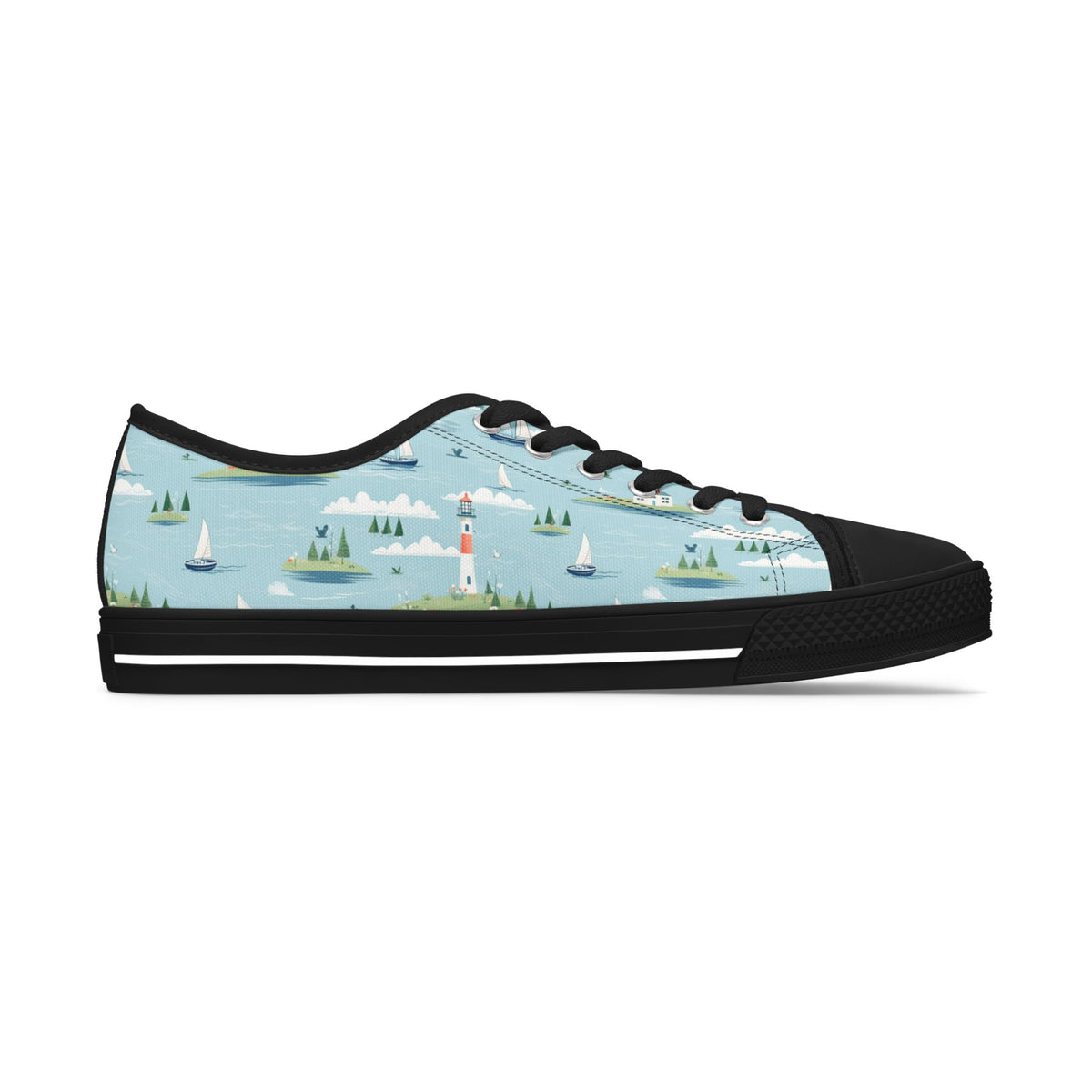 Low Top Sneakers — Nautical Lighthouse Pattern, Cute Coastal Women’s Casual Shoes