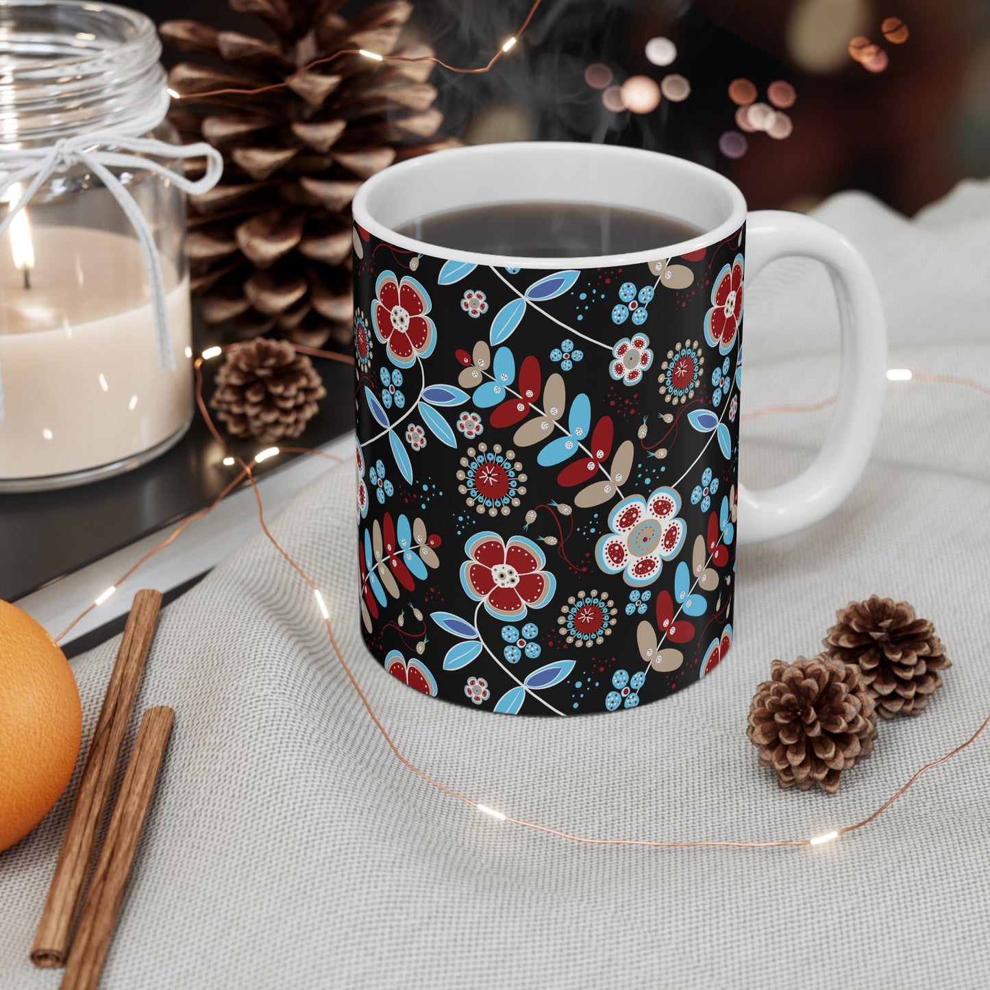 Floral Patterns Coffee Mug, Gift for Her, Bohemian Style Mug, Home Decor, Flower Design Cup, Unique Art Mug