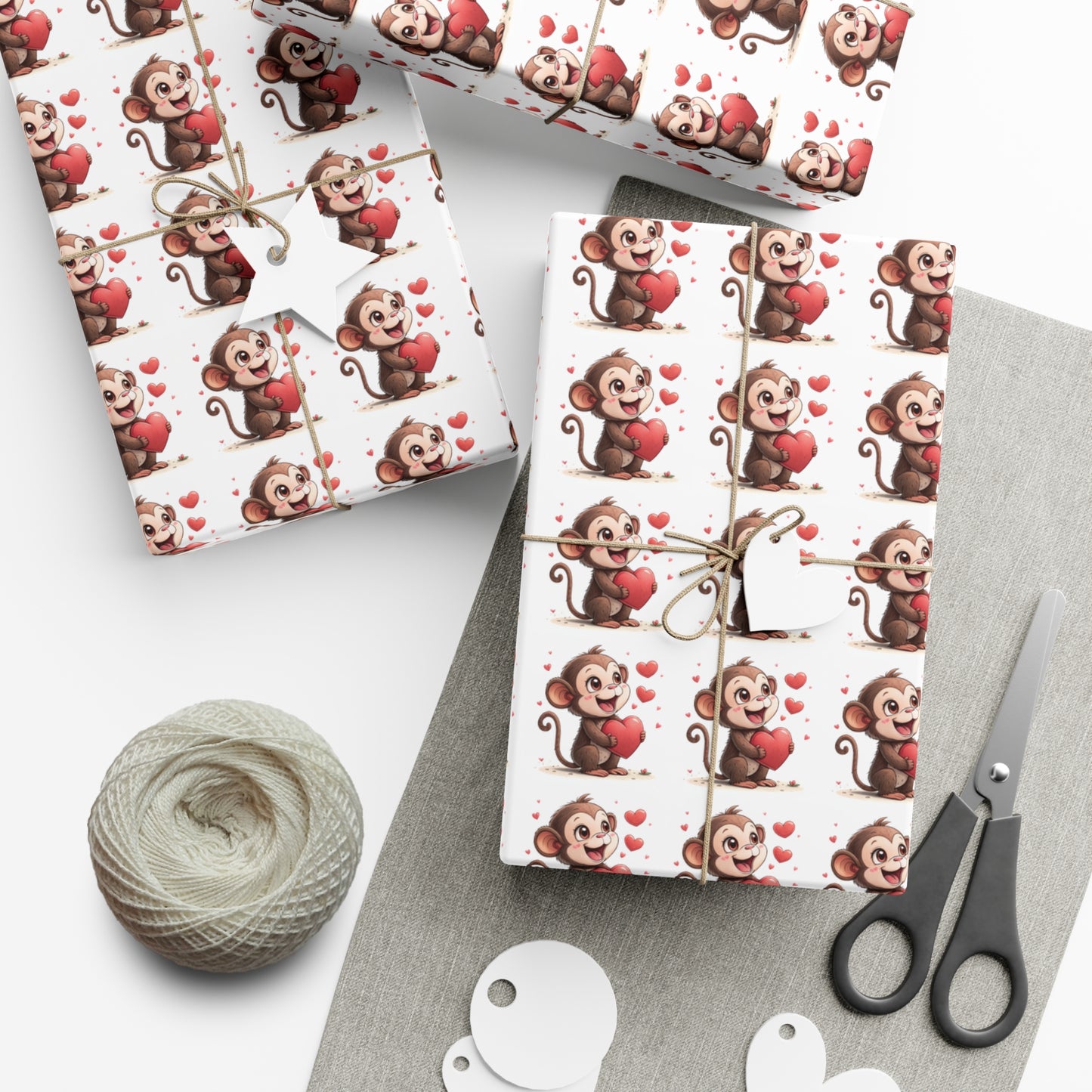 Cute Monkey Valentine's Gift Wrap Paper, Festive Wrapping Paper for Kids, Holiday Gift Wrap, Birthday Wrap, Monkey Love Print