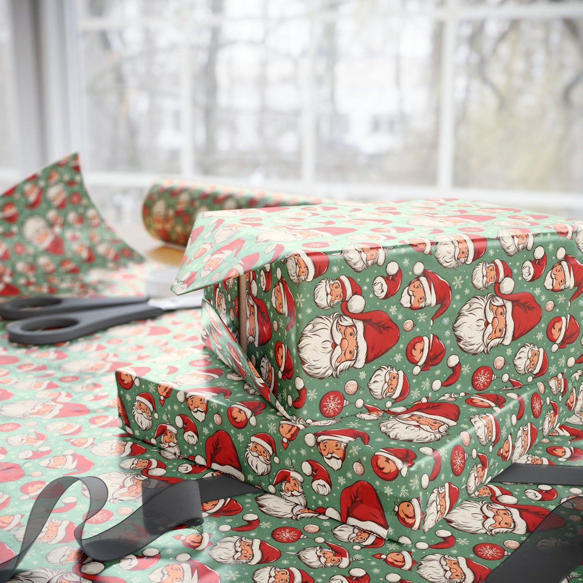 Christmas Santa Face Wrapping Paper Roll — Festive Green Holiday Gift Wrap