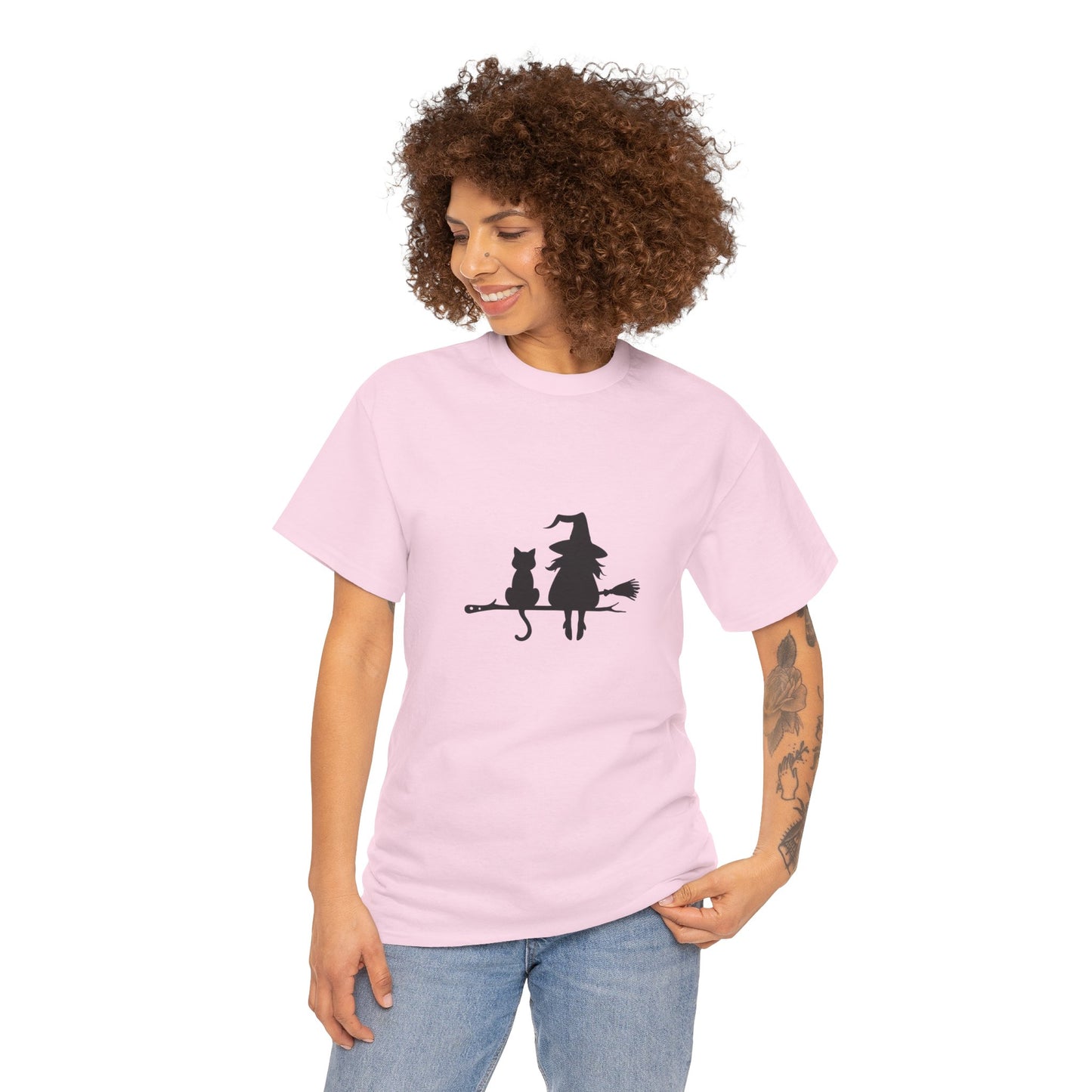 Witch and Cat Tee | Spooky Unisex Shirt for Halloween | Cute Witchwear for Cat Lovers | Fall Wardrobe Essential | Gift for Magical Friends
