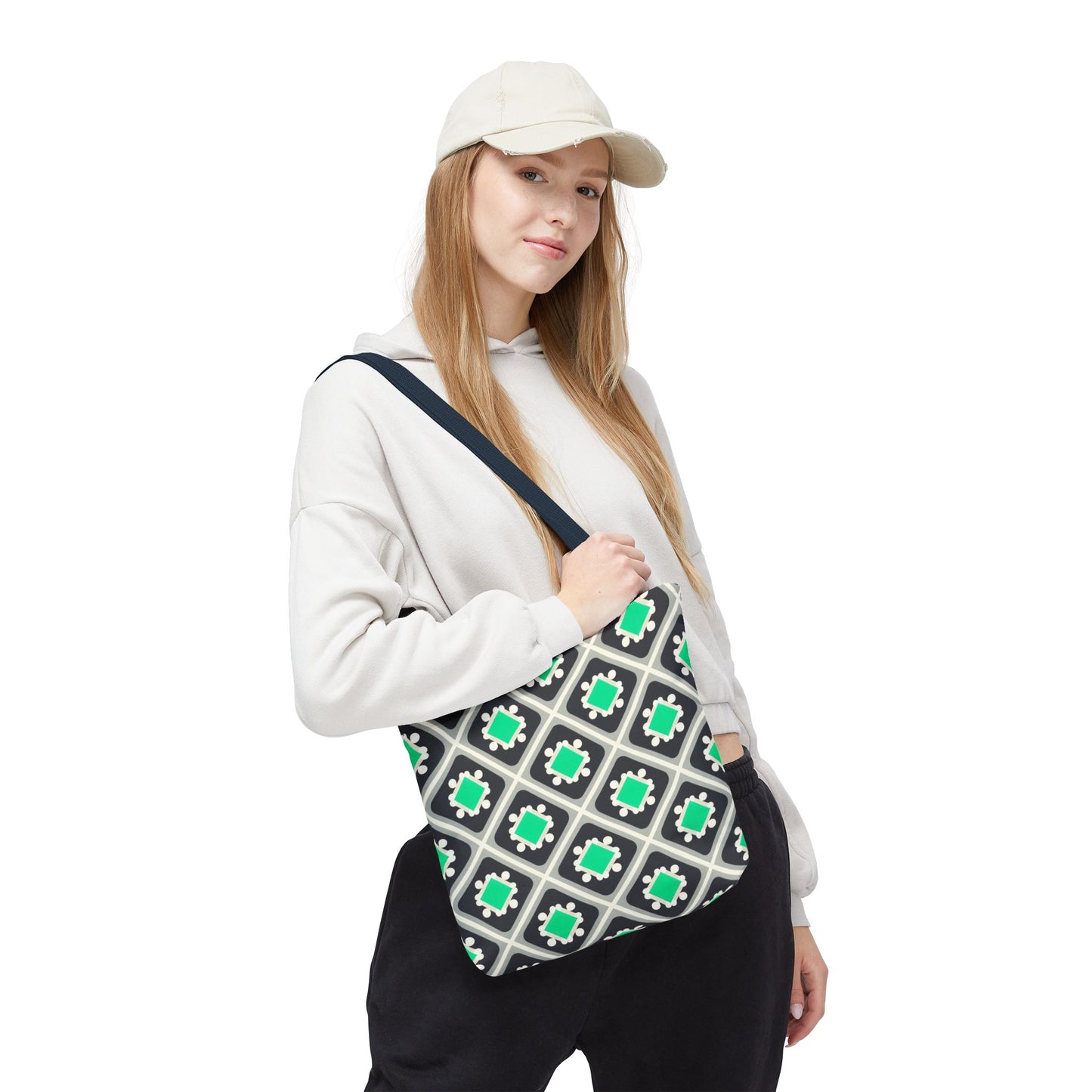 Geometric Mint Tile Tote Bag — Patterned All-Over-Print Shopper