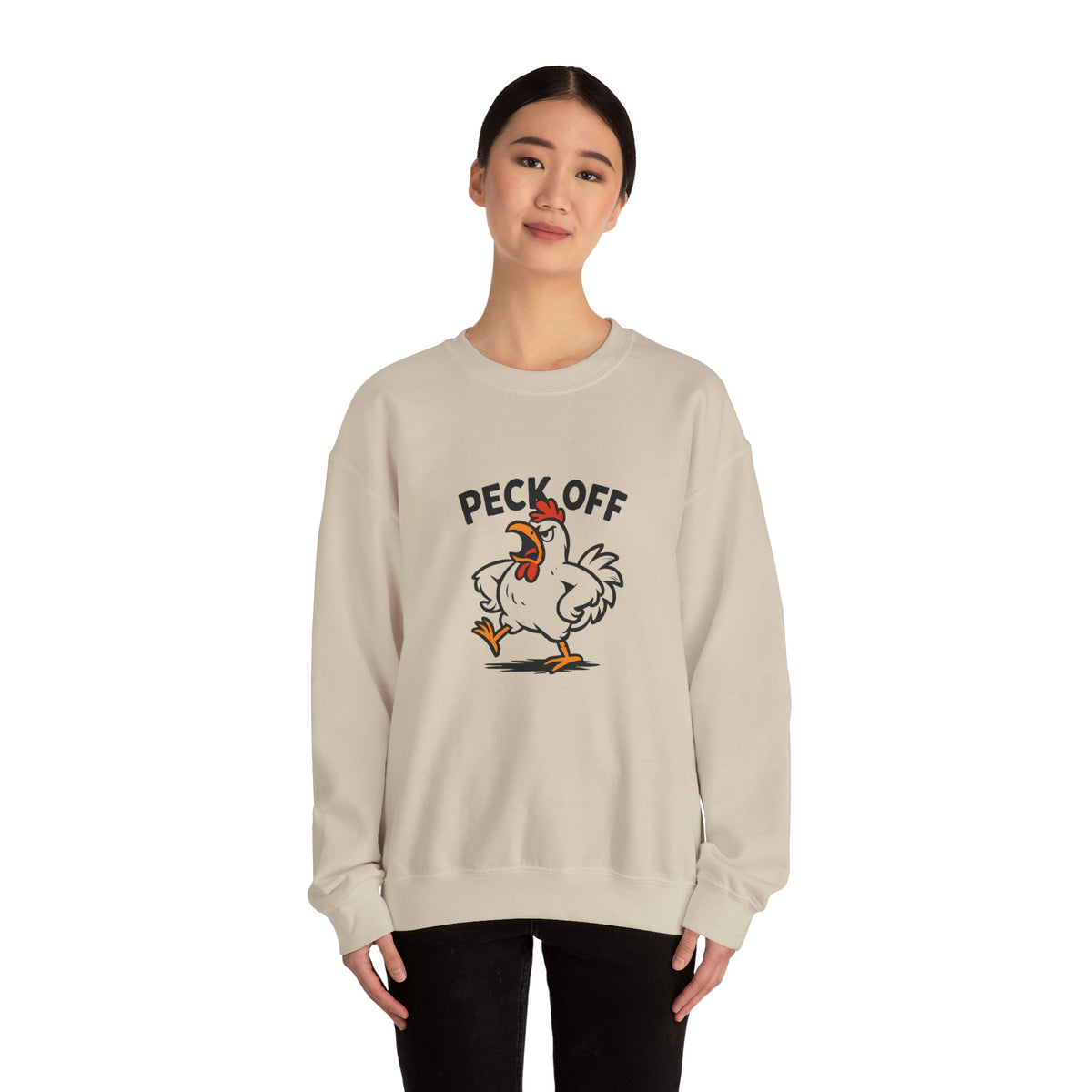 Crewneck Sweatshirt — 'Peck Off' Funny Angry Chicken Graphic