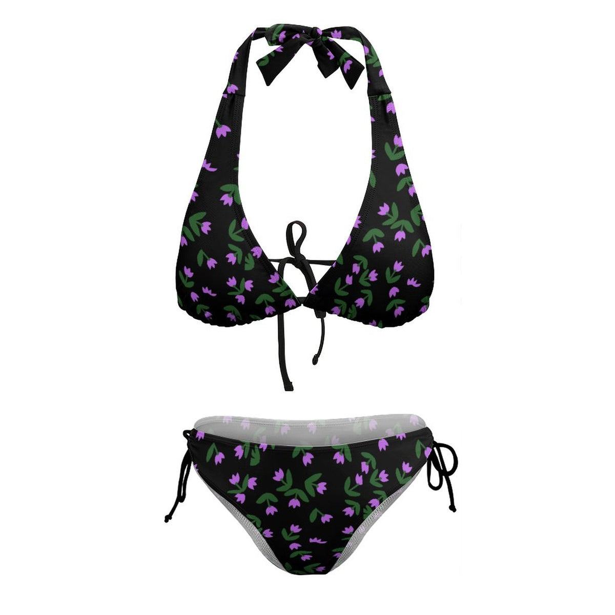 Two Piece Halter Swimsuit Purple Flowers