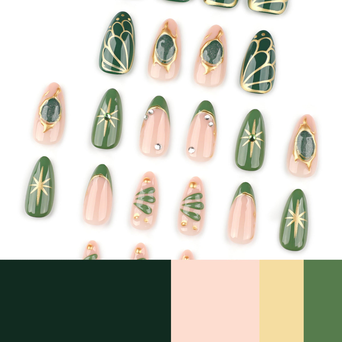 Green Gem Inspired Nails with Gold Metallic Accent Details – Image 4