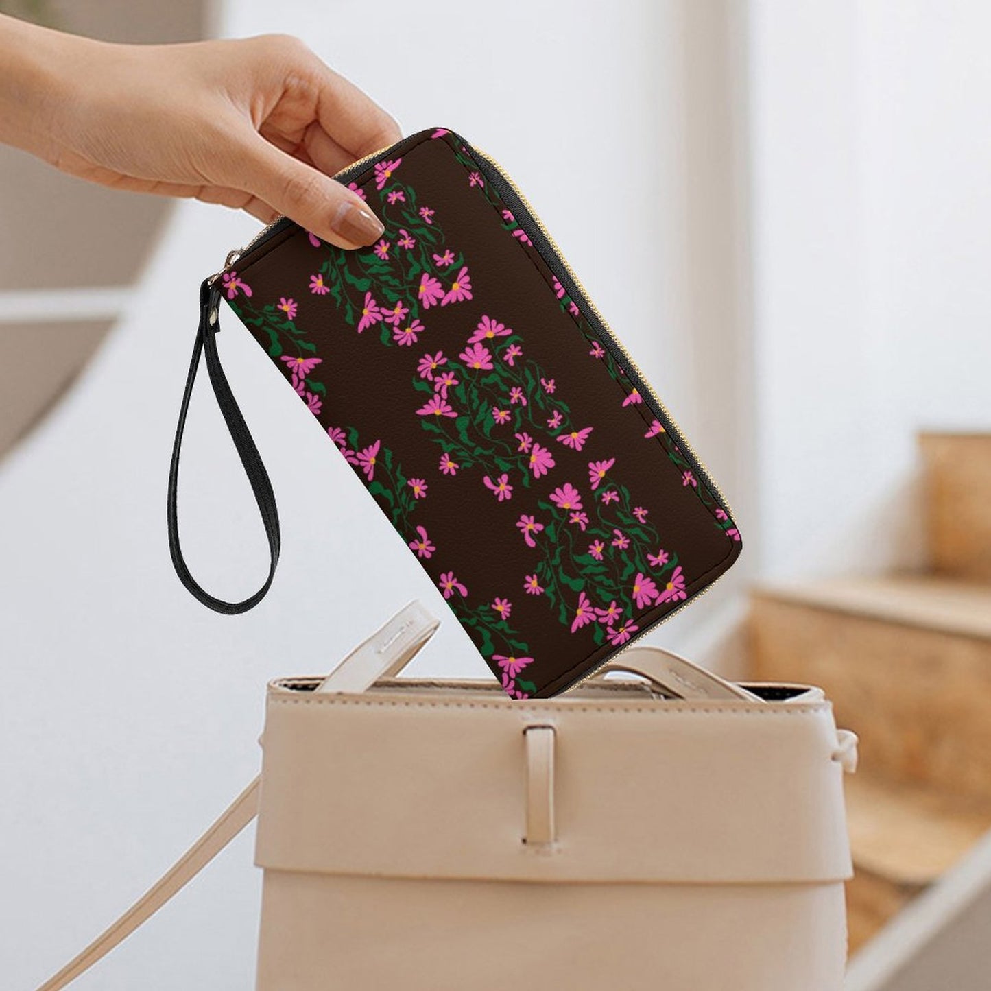 Leather Wallet with Wristlet Strap (2 Pictures on 2 Sides)