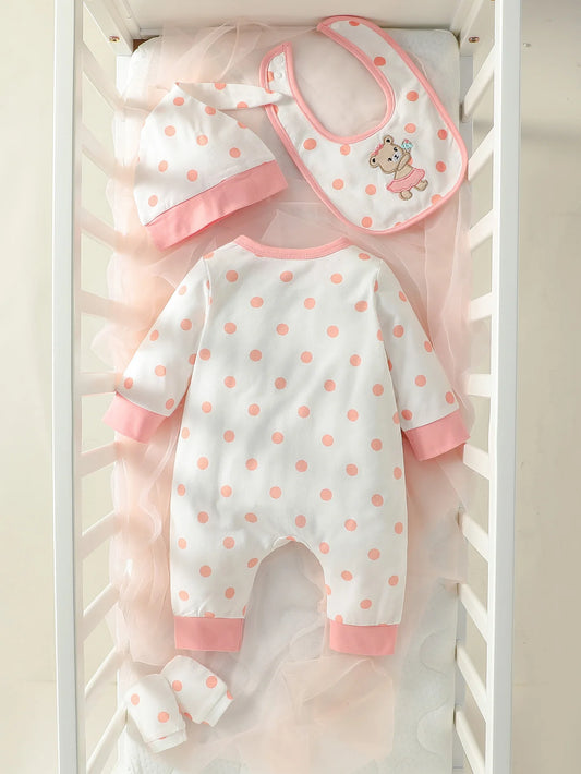 4PCS Newborn Baby girl lovely and sweet Polka dot printingPatch Bear autumn Cute jumpsuits+Hat+Bib