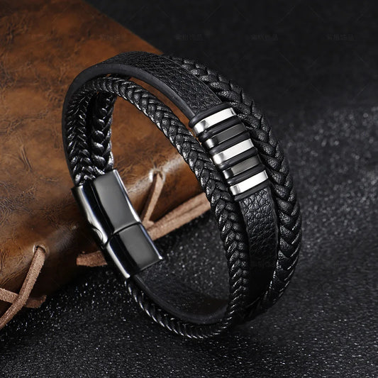 Mens Leather Bracelet with Clasp Cowhide Multi-Layer Braided Leather Mens Bracelet