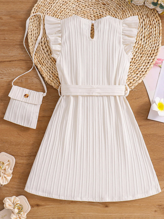 Spring and summer girls fashion vacation casual solid color round neck flying sleeve dress summer clothing + small satchel