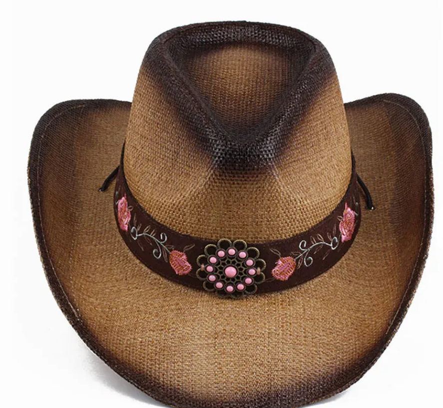 Western Cowboy Straw Hat Women Breathable Sun Protection Wide Brim With Flower Embroidery Bead Decor Adjustable Rope
