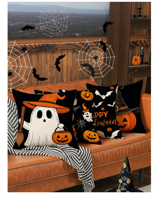 4pcs Halloween Pillow Covers, Polyester Material, Suitable For Living Room, Ghost, Bat, Pumpkin Pattern Decorative Cushions (18x18 Inches), Suitable For Room, Halloween Decoration (Pillow Inserts Not Included)