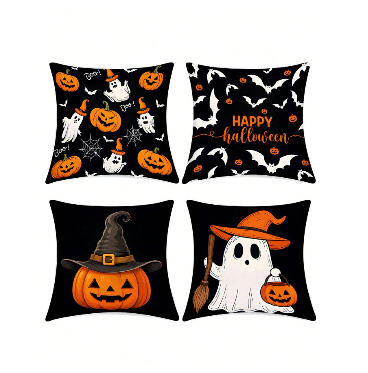 4pcs Halloween Pillow Covers, Polyester Material, Suitable For Living Room, Ghost, Bat, Pumpkin Pattern Decorative Cushions (18x18 Inches), Suitable For Room, Halloween Decoration (Pillow Inserts Not Included)