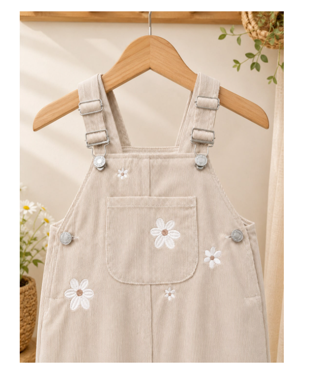 Baby Girls Sweet Floral Embroidered Overalls With Shoulder Straps And Cuffed Hems Casual Long Pants