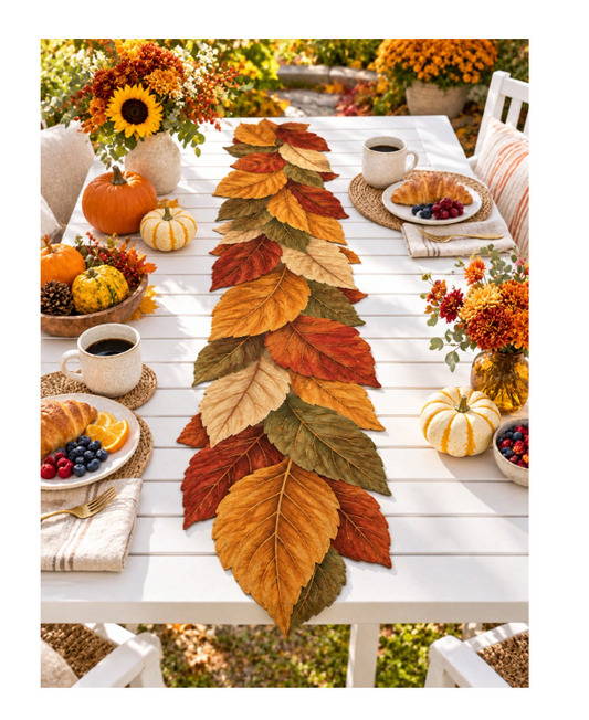 1pc Autumn Leaf Linen Table Runner, Autumn Leaf Shaped Table Runner, Rust Orange, Mustard Green And Beige Layered Leaf Design