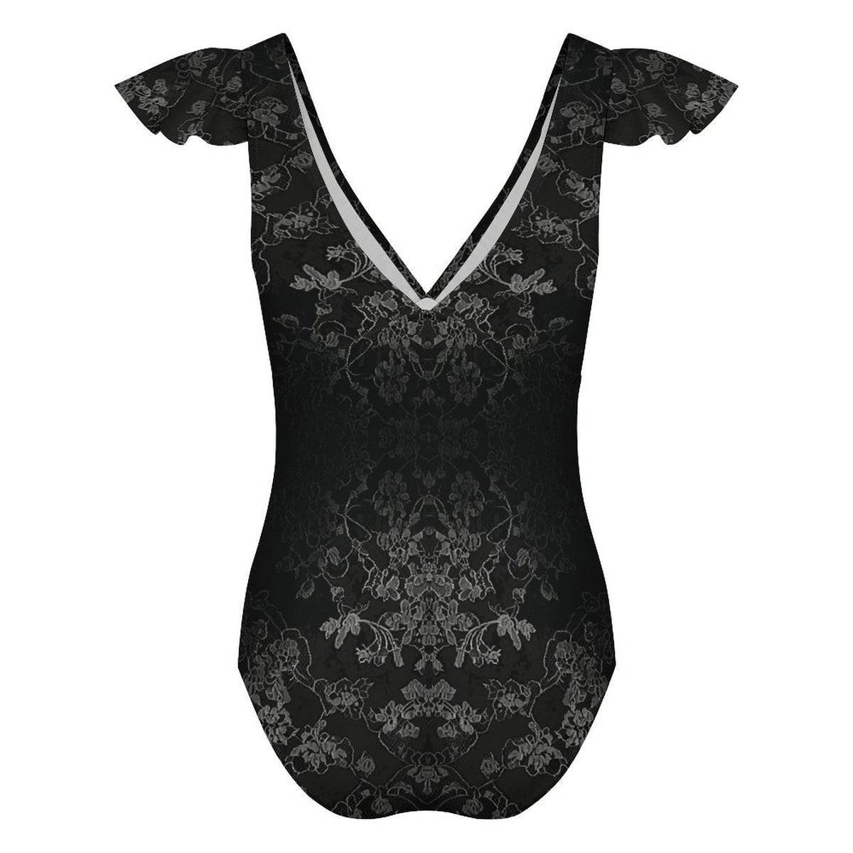 V Neck Flutter Sleeve One Piece Swimsuit Elegant Black