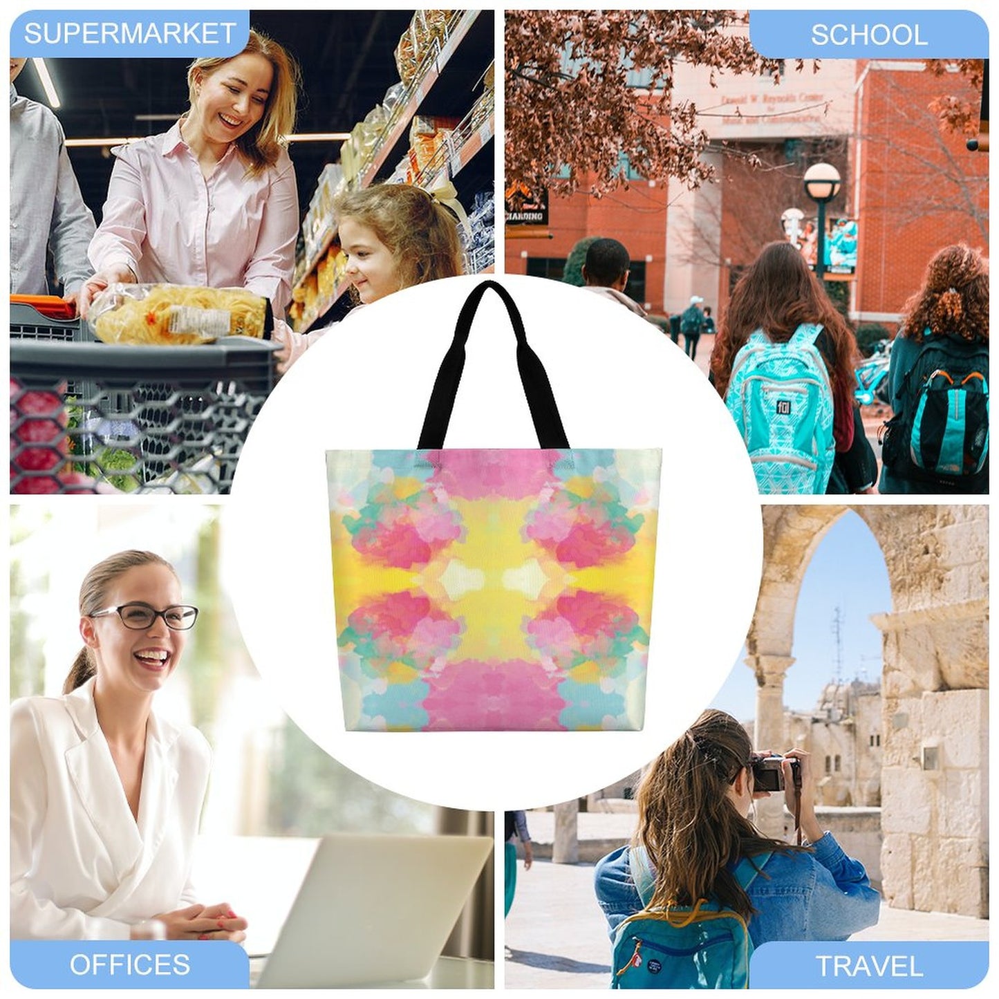 Large One Shoulder Shopping Bag Pink Yellow Blue Tie-Dye