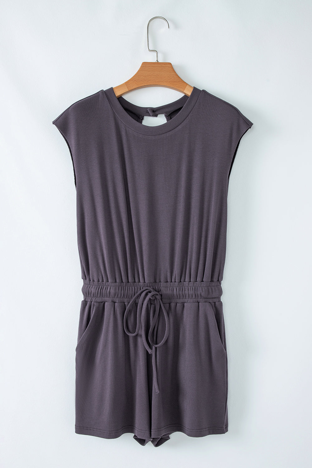 Bristol Black Knit Open Back Cap Sleeve Drawstring Elastic Waistband Romper