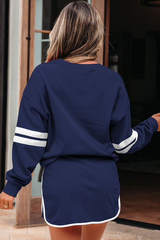 Navy Blue Varsity Stripe Detail Drop Shoulder Pullover Mini Skort Set