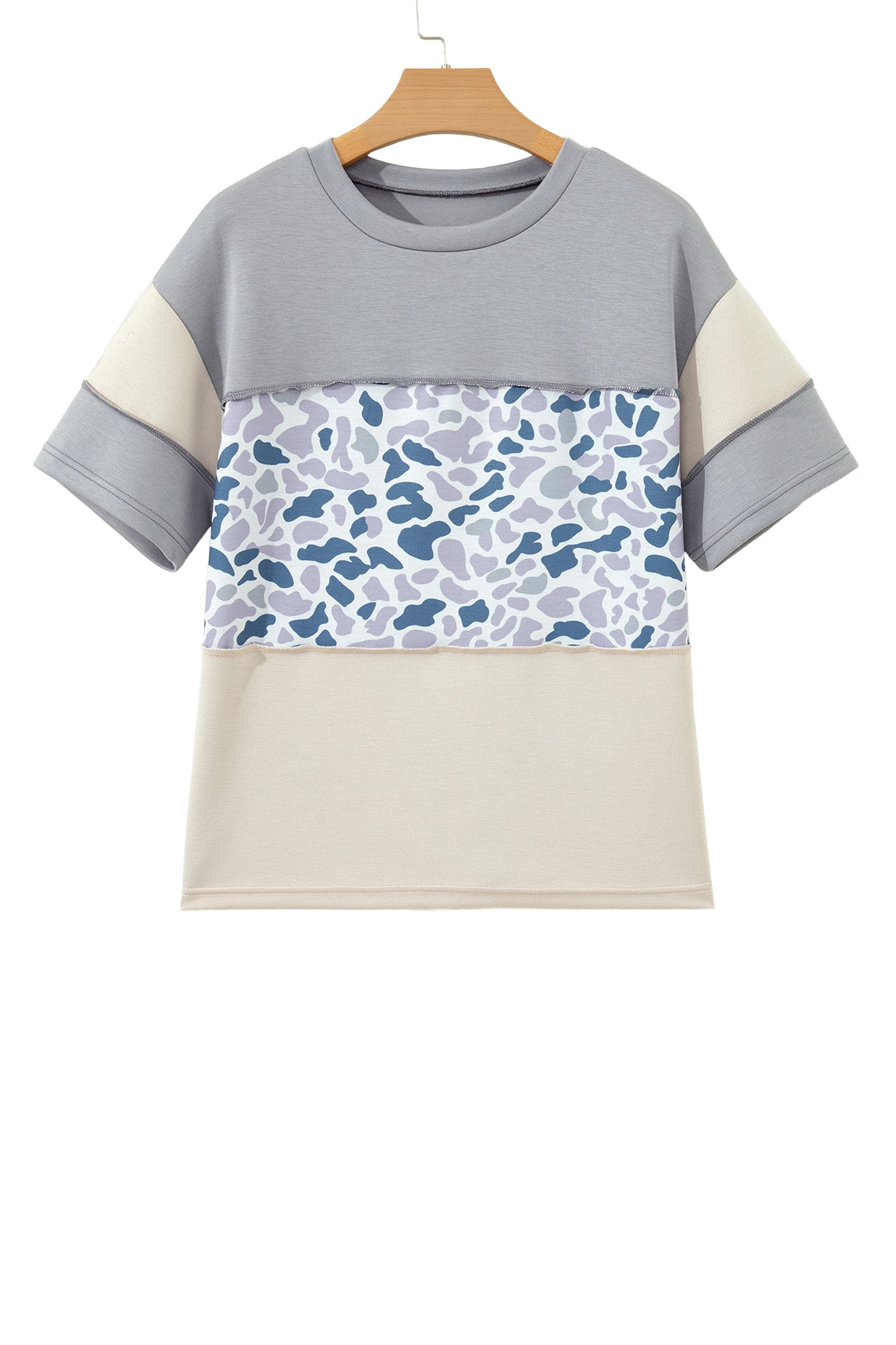 Gray Raw Seam Color Block Camouflage Patchwork Casual Tee