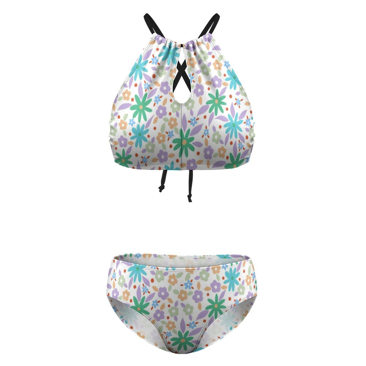 Women's Two piece Swimsuit with High Neck Halter Top Super Cute Flowers
