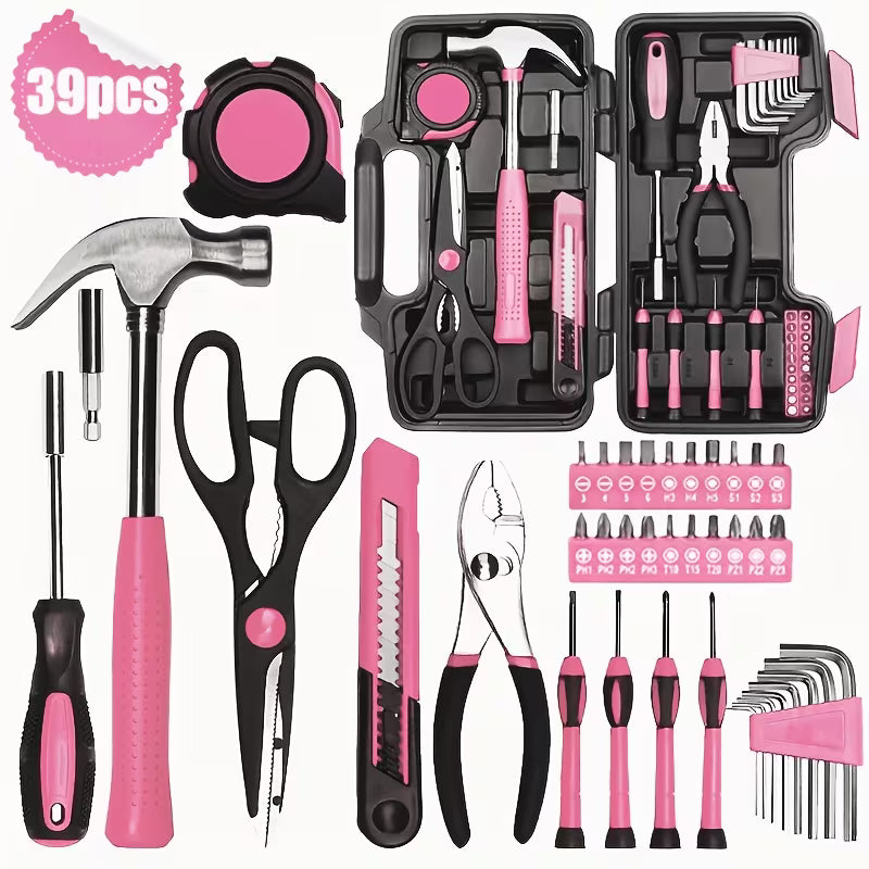 The 39pcs Pink Tool Kit is a versatile collection of hand tools perfect for any home or workshop.