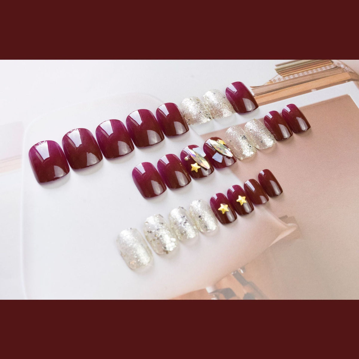 Burgundy star shell whitening nail patch press on nails finished fake nail waterproof removable pregnant women can – Image 3